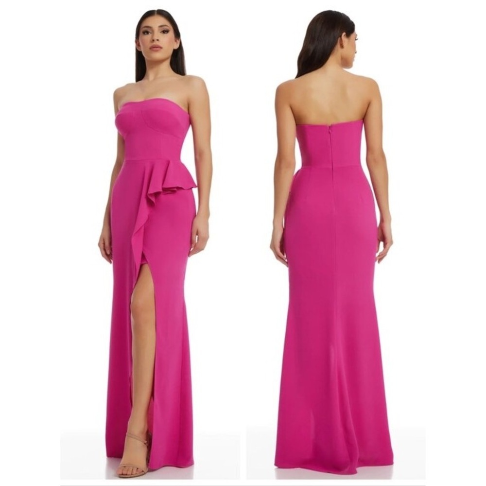 Dress The Population Kai Strapless Ruffle Gown Fuchsia Pink XXS DDRA08-3053